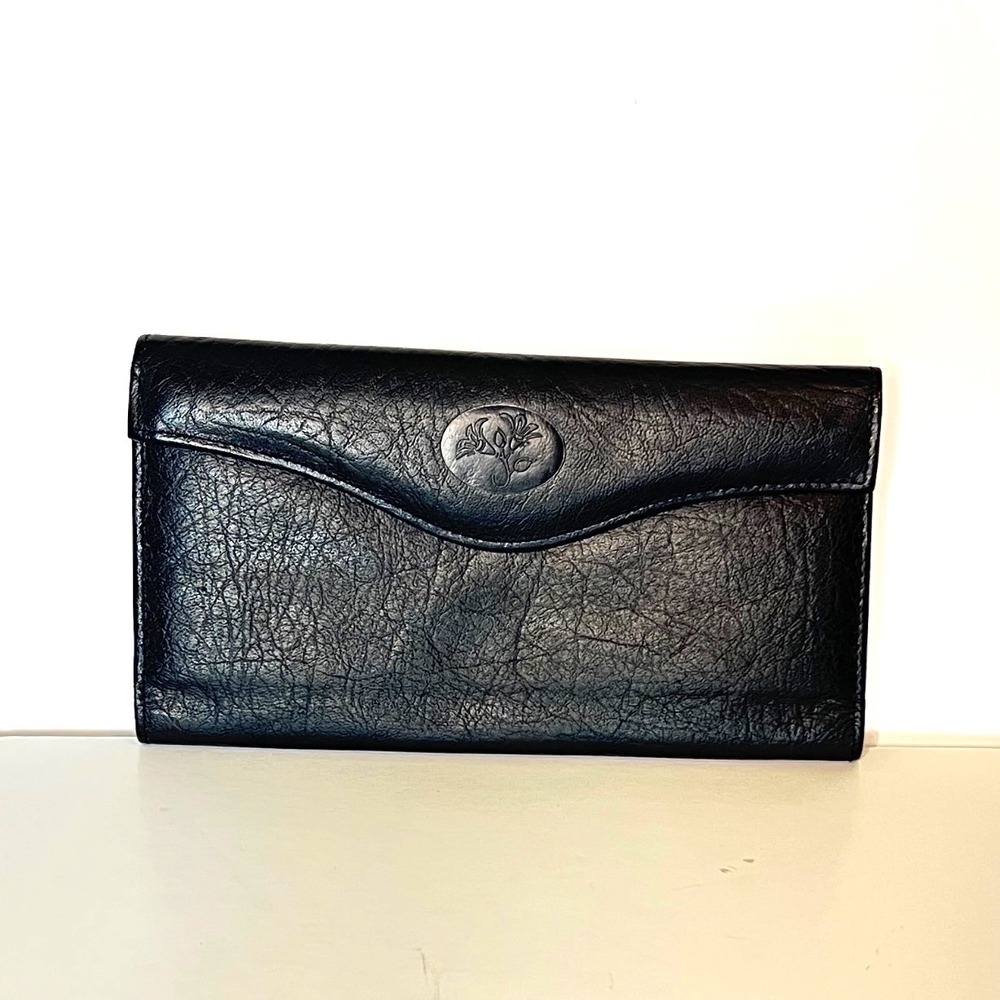 Buxton Black Gold Clutch Wallet Top Grain Cowhide Leather Kiss Lock Coin Purse